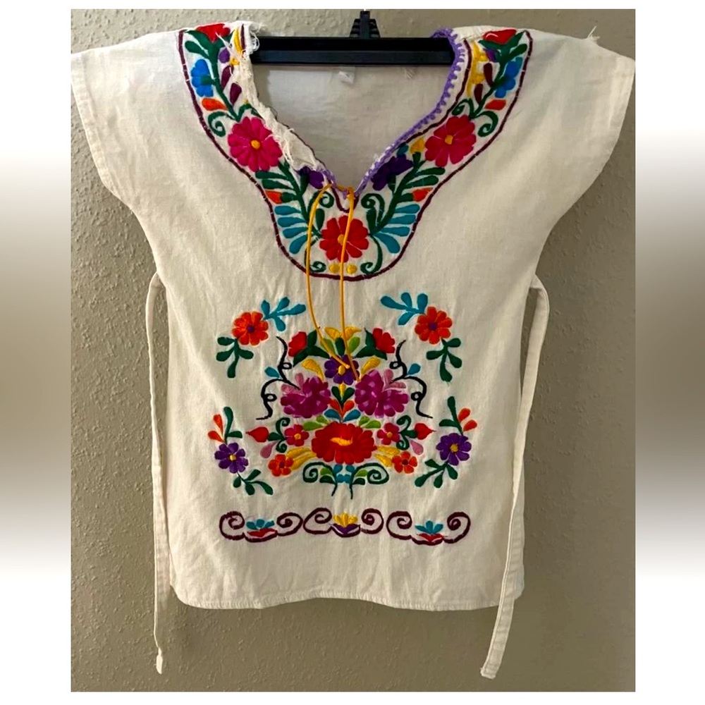 Vintage Hand-Embroidered Mexican Folk Art Distressed Floral DRESS Girls Size 2